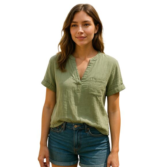 J.Crew Women’s Green Short Sleeve Blouse V-Neck Casual Top Size Small - Picture 1 of 10